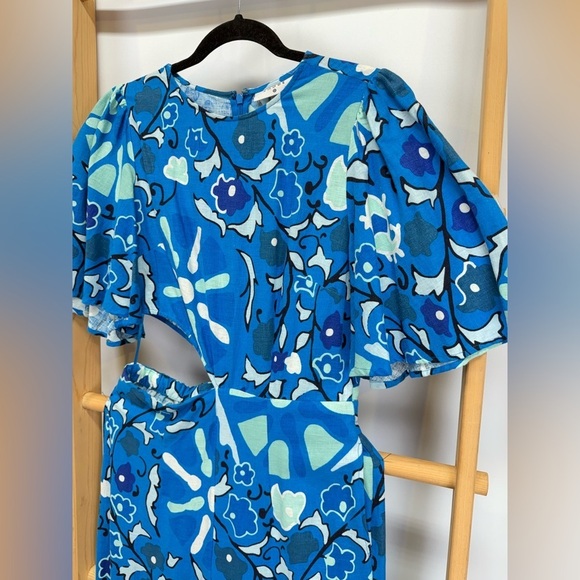 RHODE Blue Floral Linen blend wide leg  flutter sleeve Jumpsuit size S - Picture 4 of 13